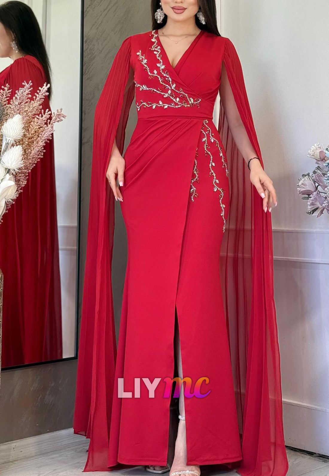 V-Neck Long Sleeves Beaded Sheath Evening Mother of Bride Dress