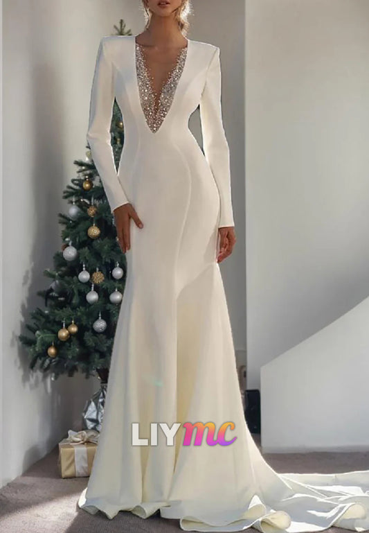 V-Neck Long Sleeves Beaded Sleek Mermaid Wedding Dress