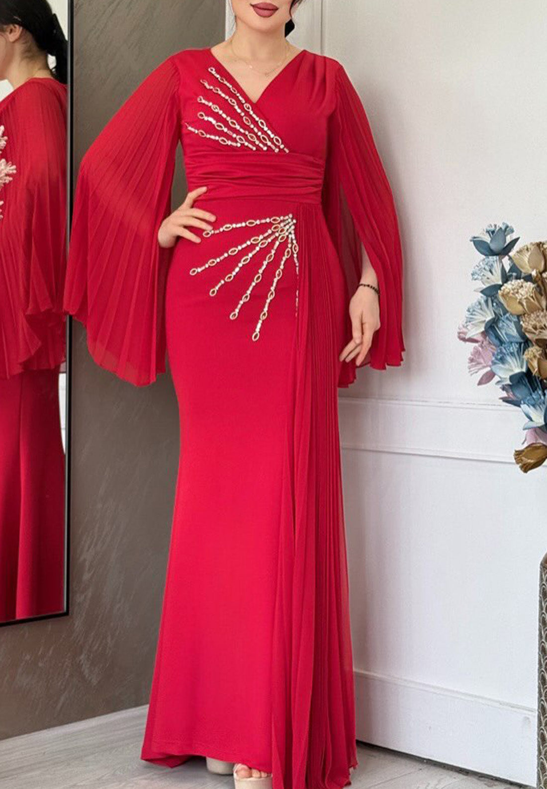 V-Neck Long Sleeves Beading Pleated Mermaid Mother of Bride Dress