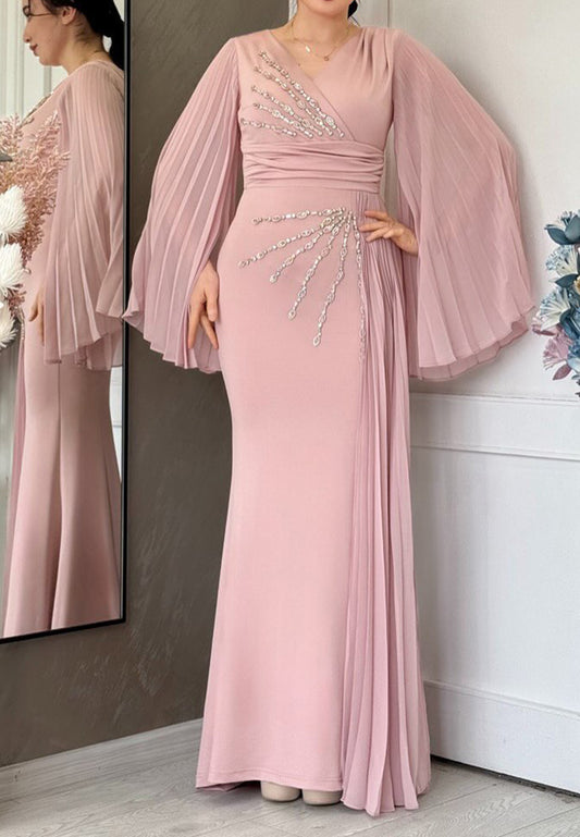 V-Neck Long Sleeves Beading Pleated Mermaid Mother of Bride Dress