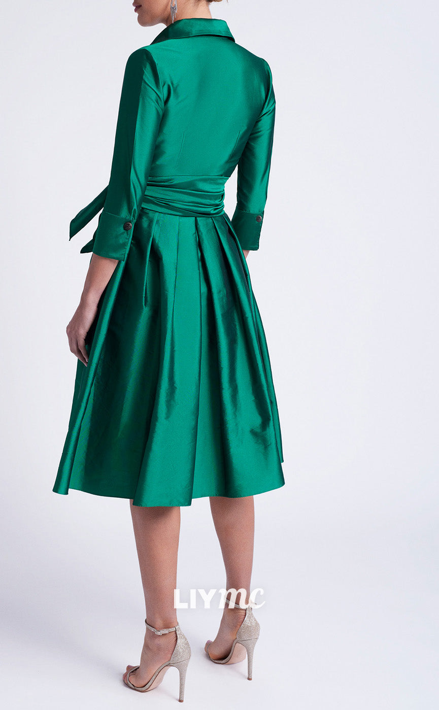 M1259 - V-Neck Long Sleeves Bowknots A-Line Pleated Mother of Bride Dress Cocktail Dress