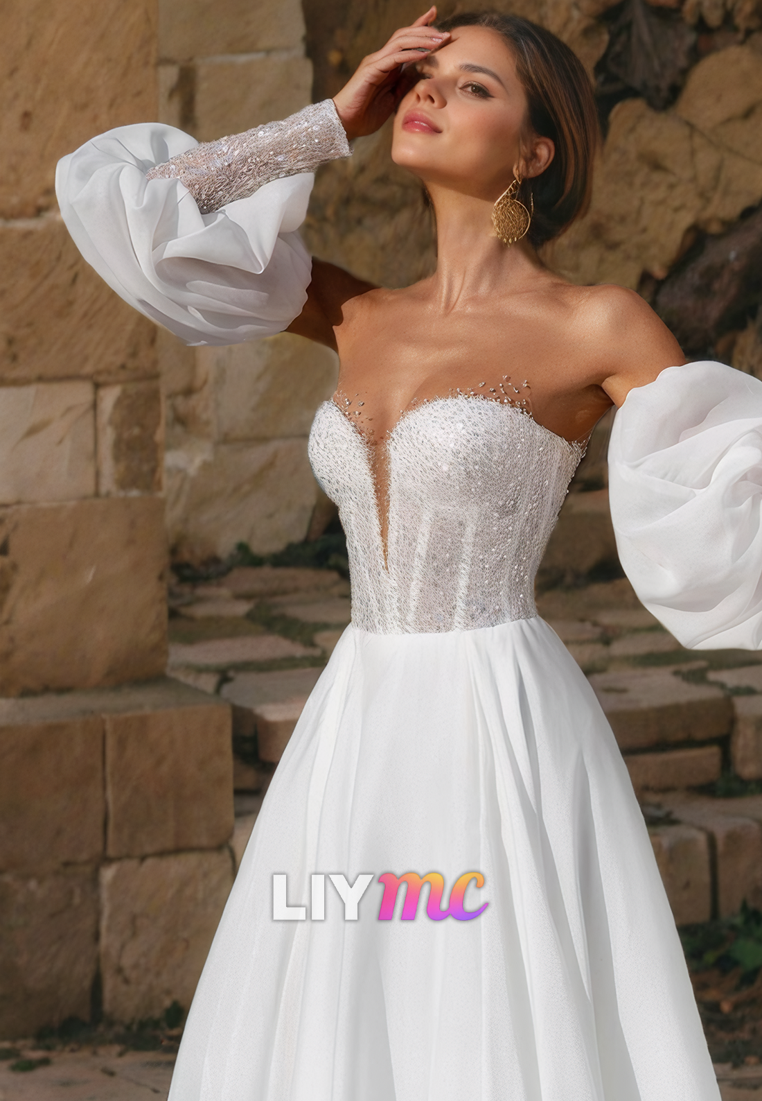 V-Neck Long Sleeves Chiddon High Slit Beach Wedding Dress