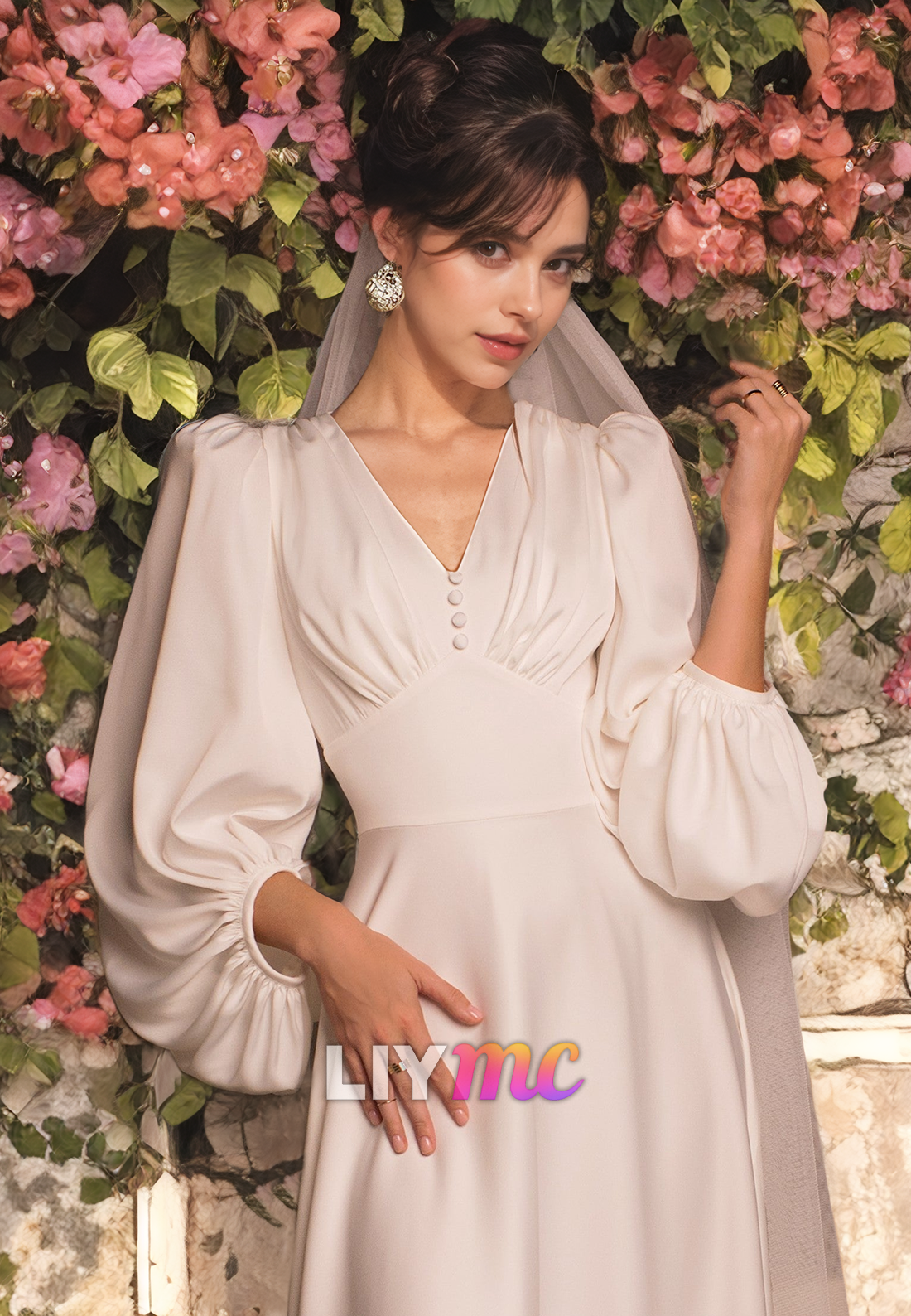 V-Neck Long Sleeves A-Line Beach Wedding Dress