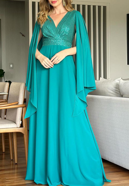 V-Neck Long Sleeves Chiffon A-Line Mother of Bride Dress