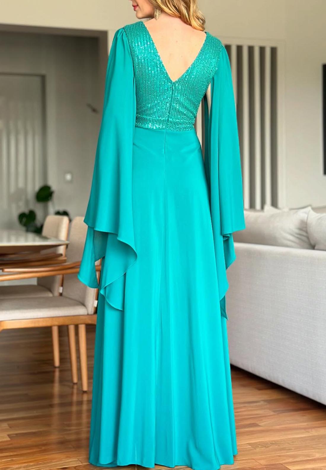 V-Neck Long Sleeves Chiffon A-Line Mother of Bride Dress