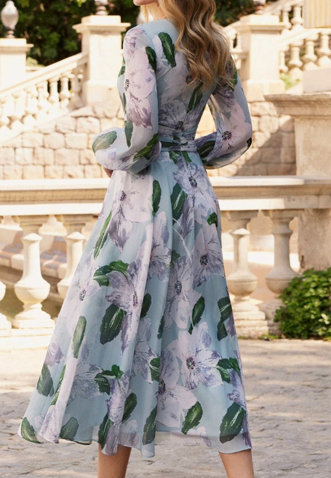 V-Neck Long Sleeves Chiffon Floral A-Line Mother of Bride Dress
