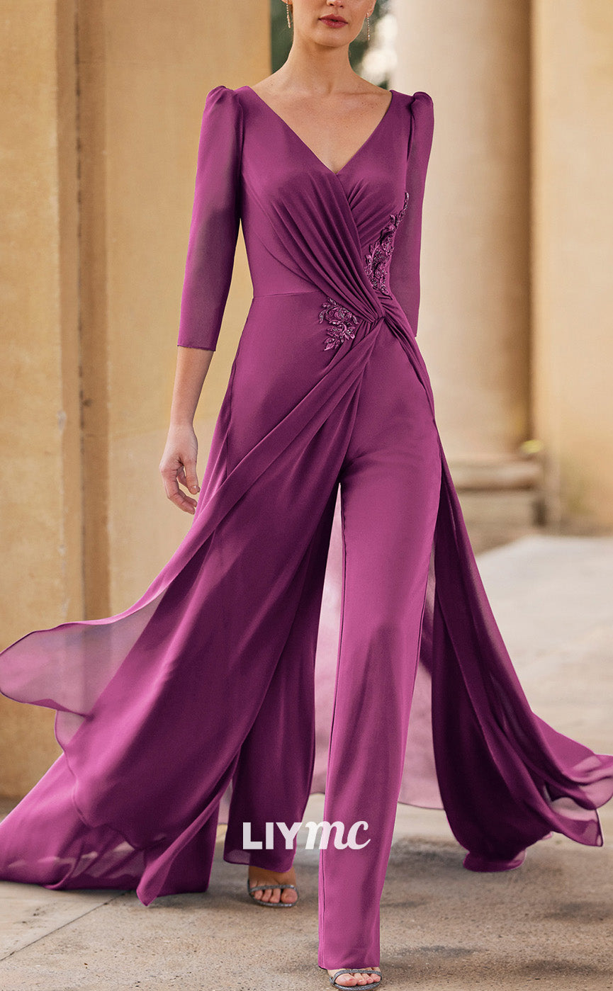 M1180 - V-Neck Long Sleeves Chiffon Jumpsuit Ruched Mother of Bride Dress Cocktail Dress