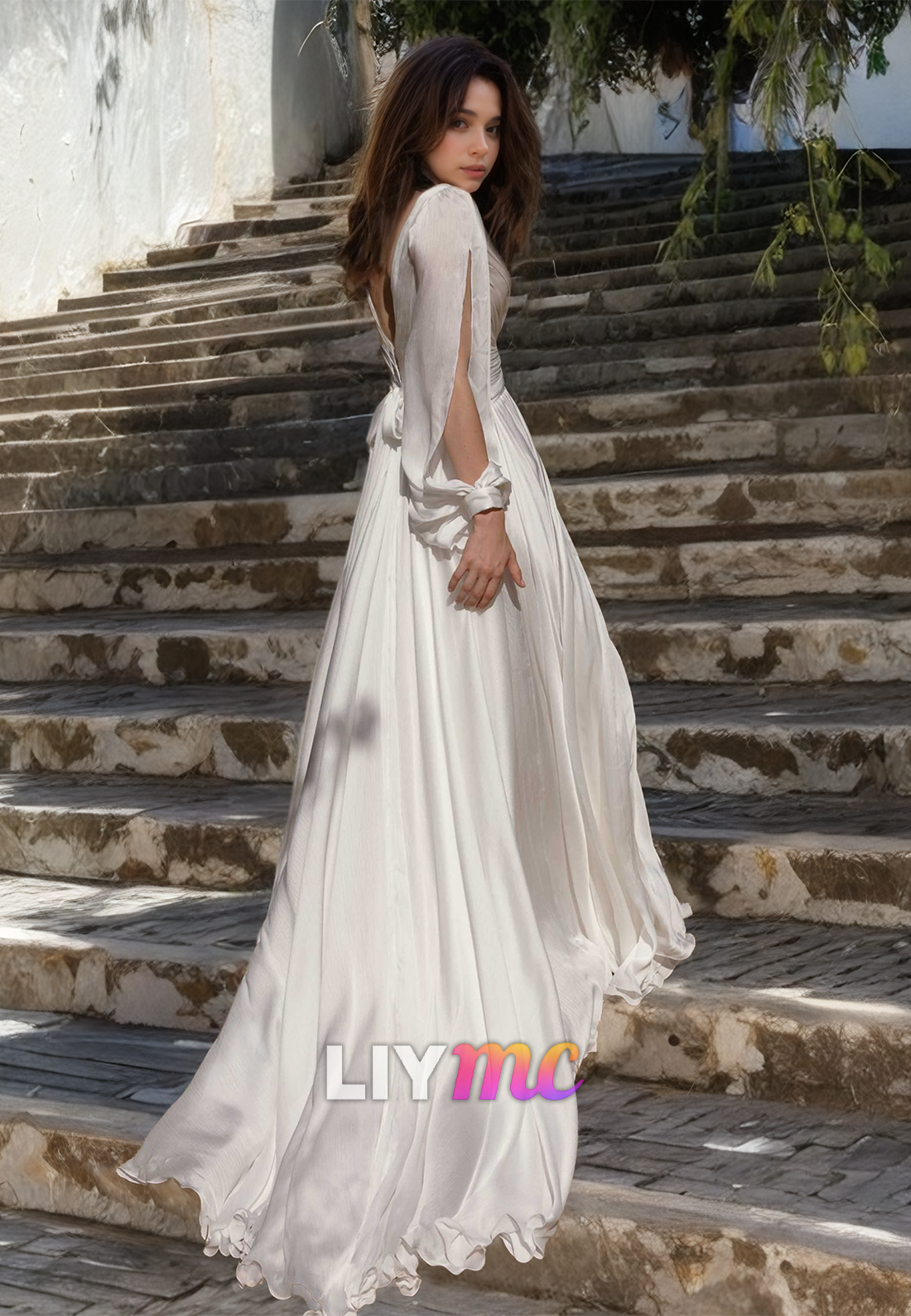V-Neck Long Sleeves Chiffon Pleated A-Line Beach Wedding Dress