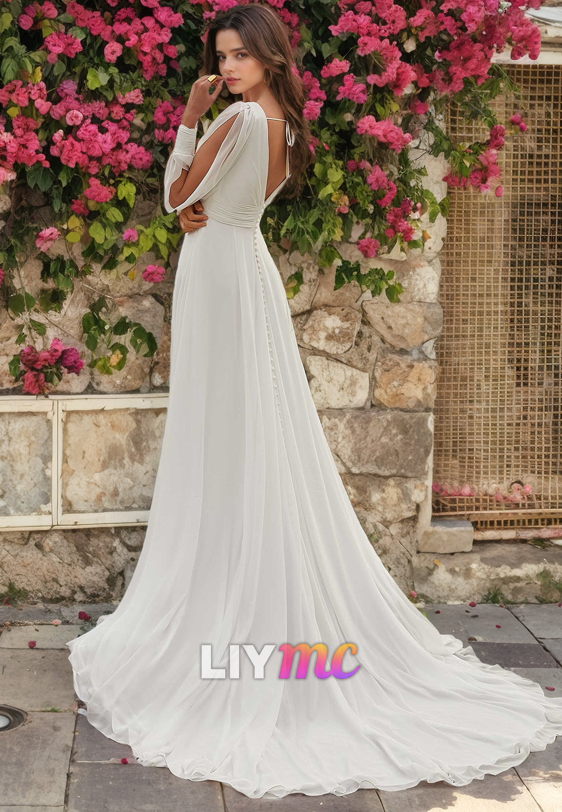 LW913 - V-Neck Long Sleeves Sleek Satin High Slit Beach Wedding Dress