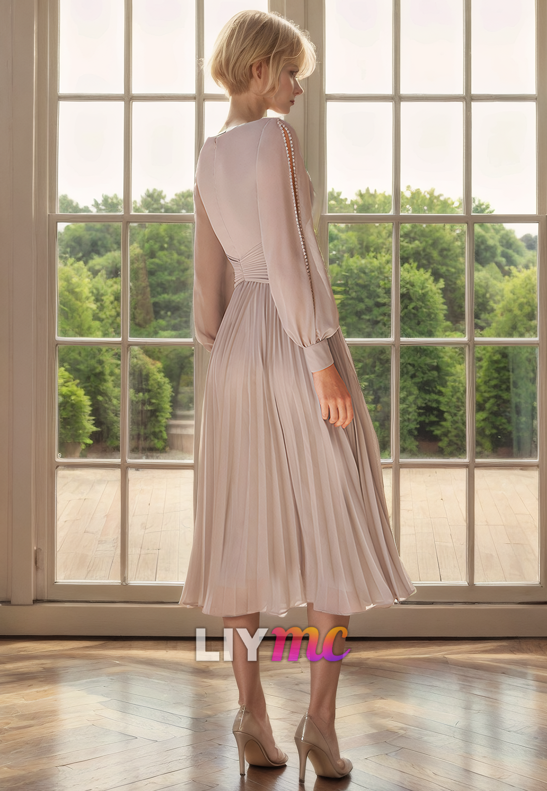 V-Neck Long Sleeves Chiffon Pleated A-Line Mother of Bride Dress Cocktail Dress