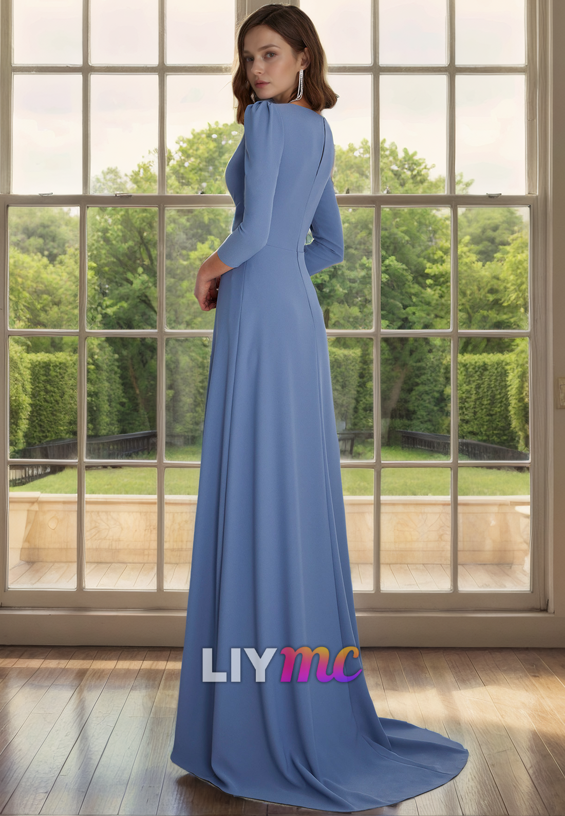 V-Neck Long Sleeves Chiffon Pleated A-Line Mother of Bride Dress Cocktail Dress