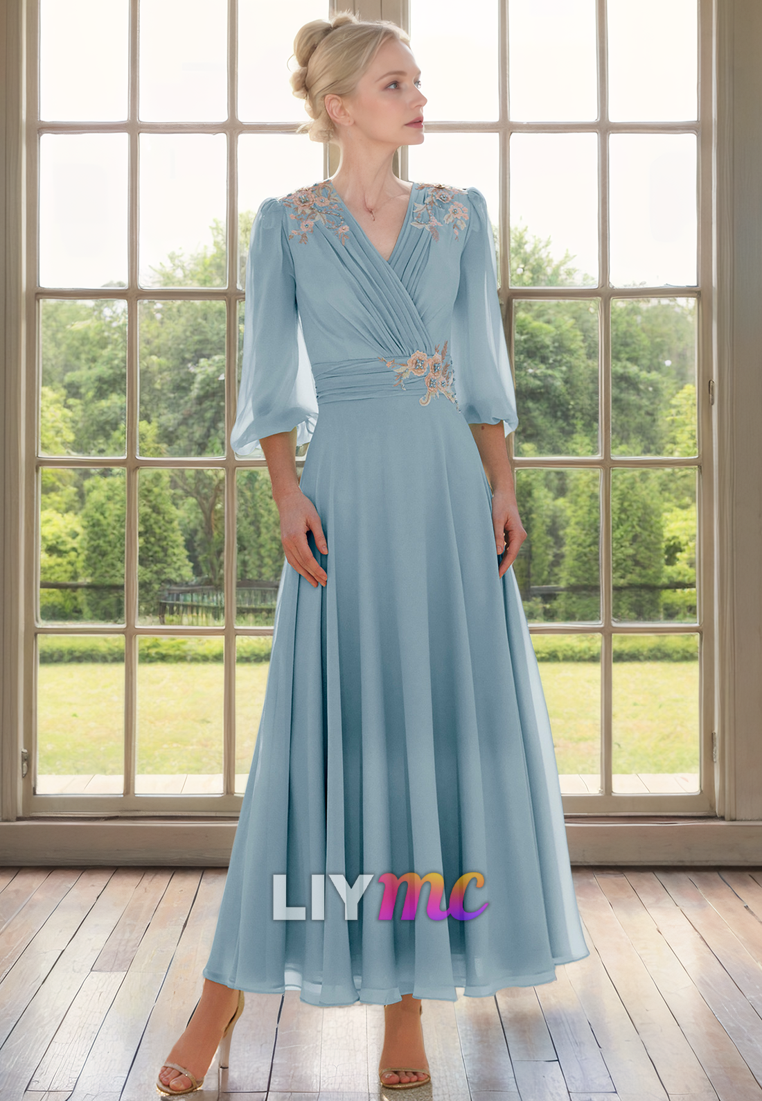 V-Neck Long Sleeves Chiffon Pleated A-Line Mother of Bride Dress Cocktail Dress