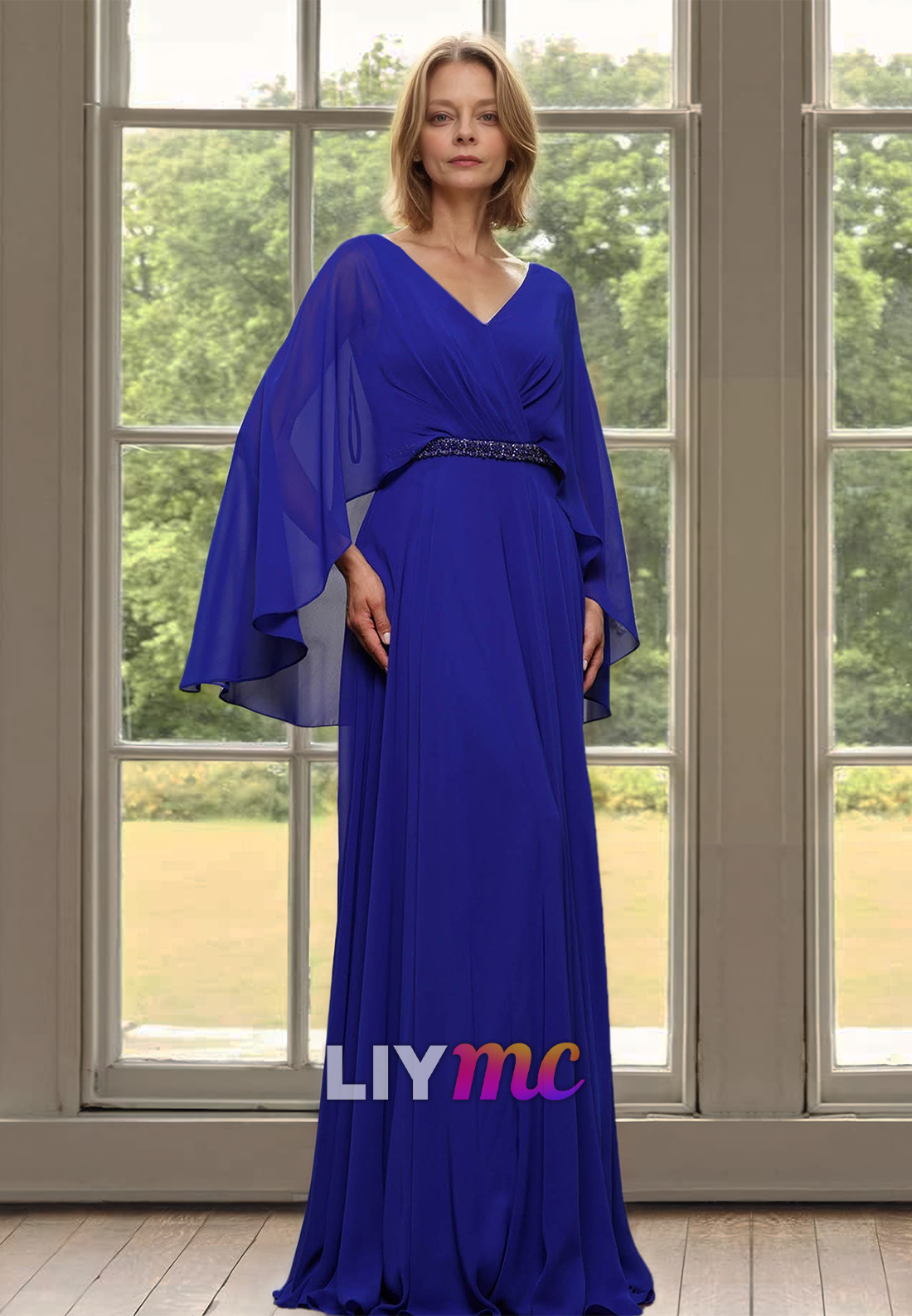 V-Neck Long Sleeves Chiffon Pleated A-Line Mother of Bride Dress
