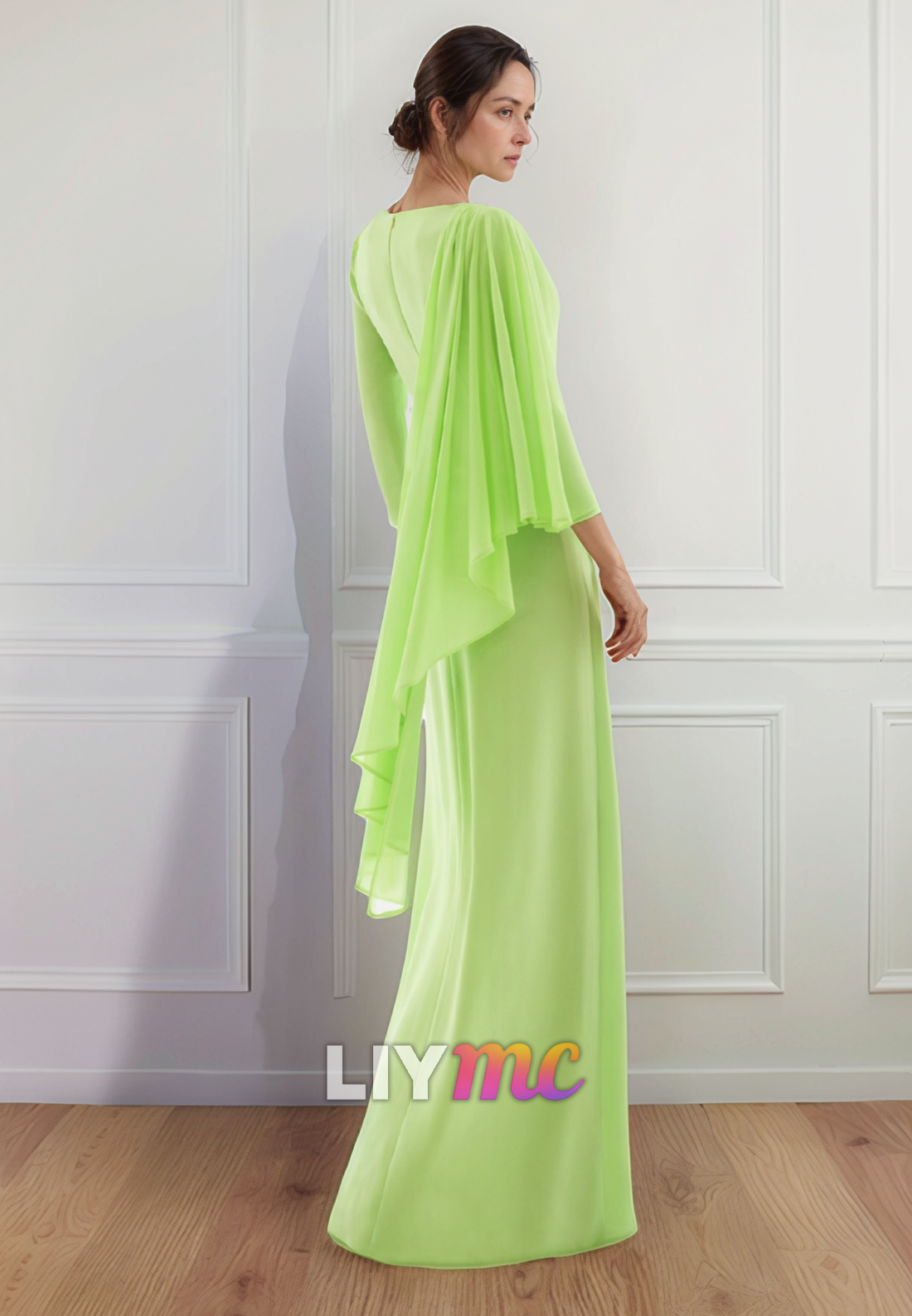 V-Neck Long Sleeves Chiffon Ruched A-Line Mother of Bride Dress