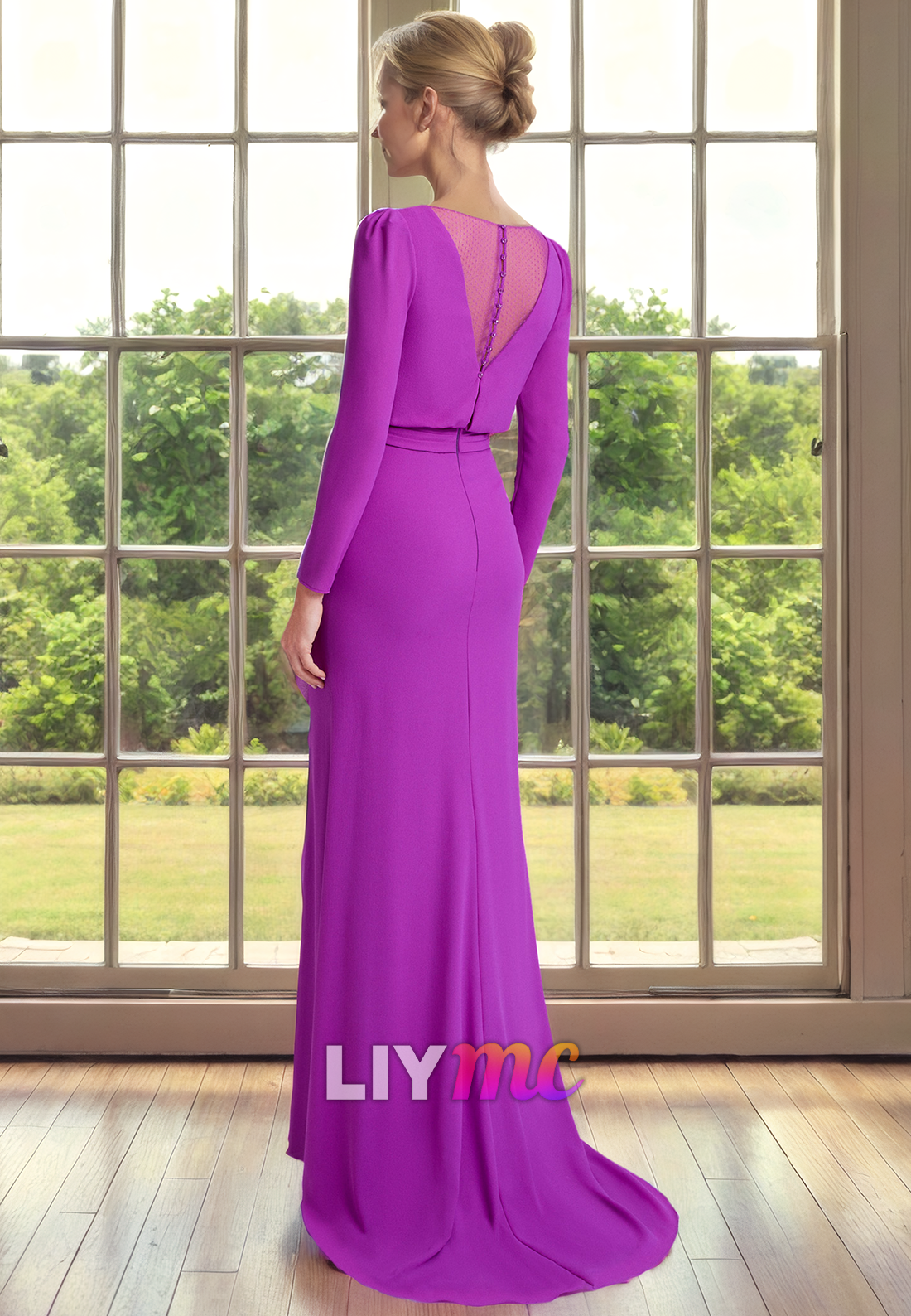 V-Neck Long Sleeves Chiffon Ruffled Long Mother of Bride Dress Cocktail Dress