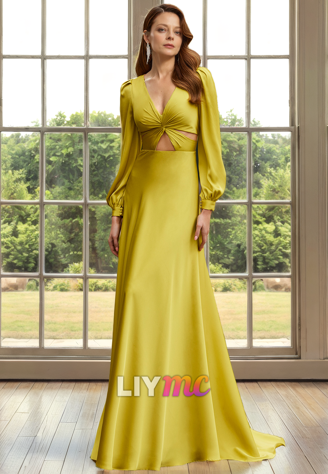 M1326 - V-Neck Long Sleeves Cut Outs Sleek Satin Sheath Mother of Bride Dress Cocktail Dress