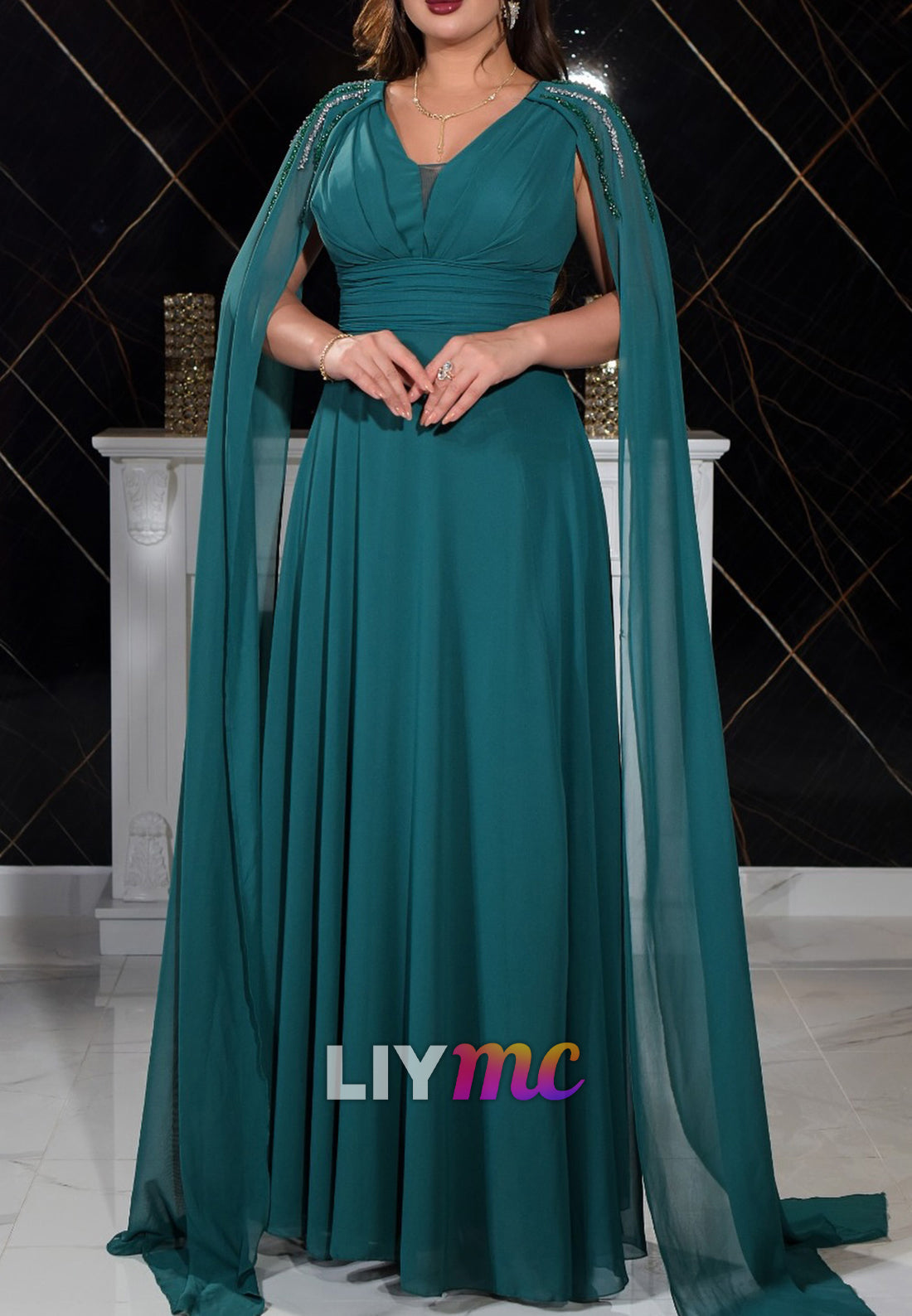 V-Neck Long Sleeves Empire Waist Pleated A-Line Mother of Bride Dress