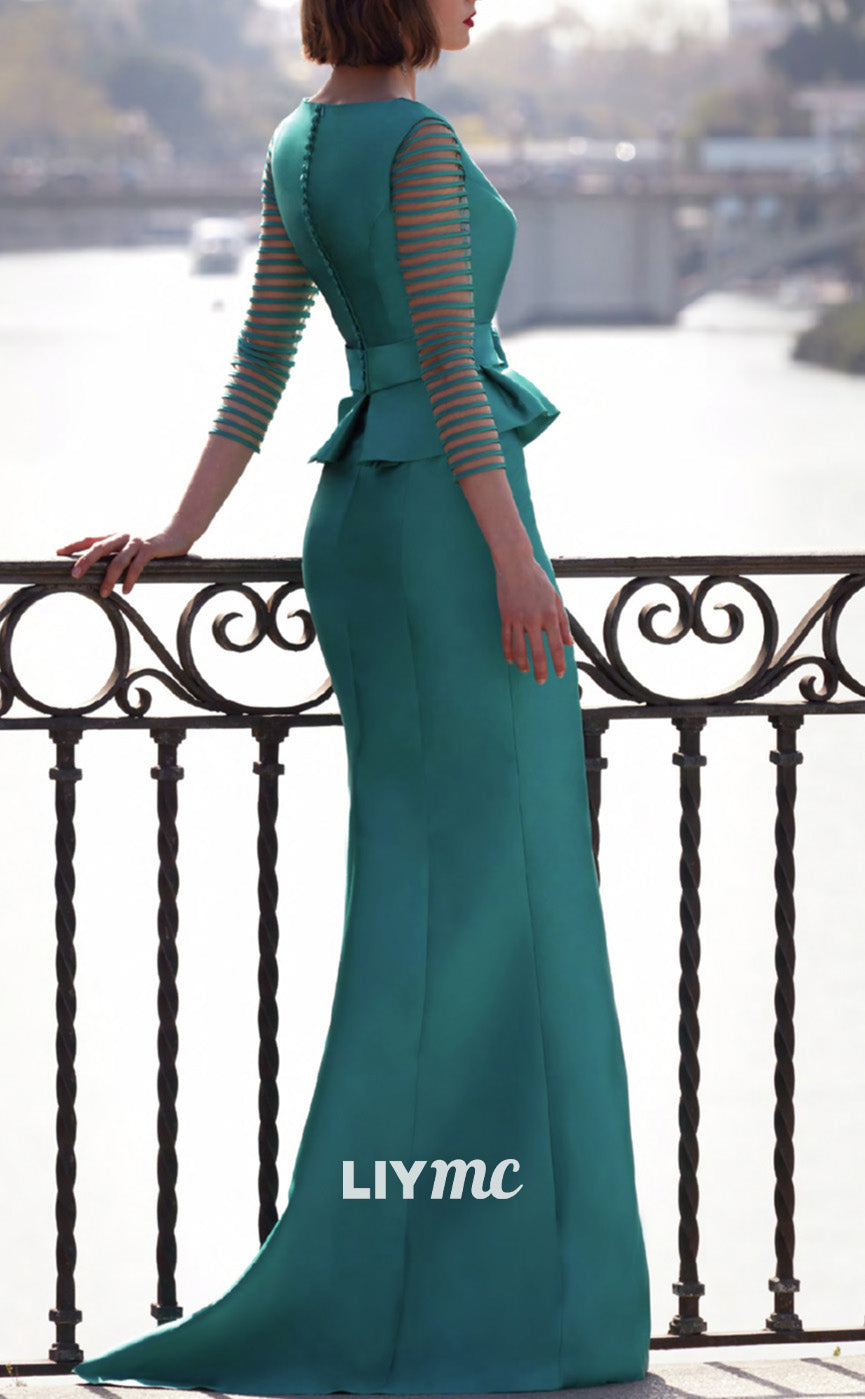 V-Neck Long Sleeves Floor Length Sleek Satin Mother of Bride Dress Cocktail Dress