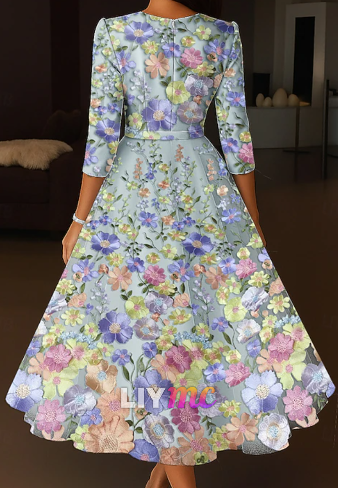 V-Neck Long Sleeves Floral Appliques A-Line Mother of Bride Dress