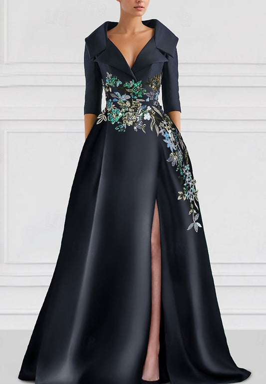 V-Neck Long Sleeves Floral Appliques A-Line Mother of Bride Dress