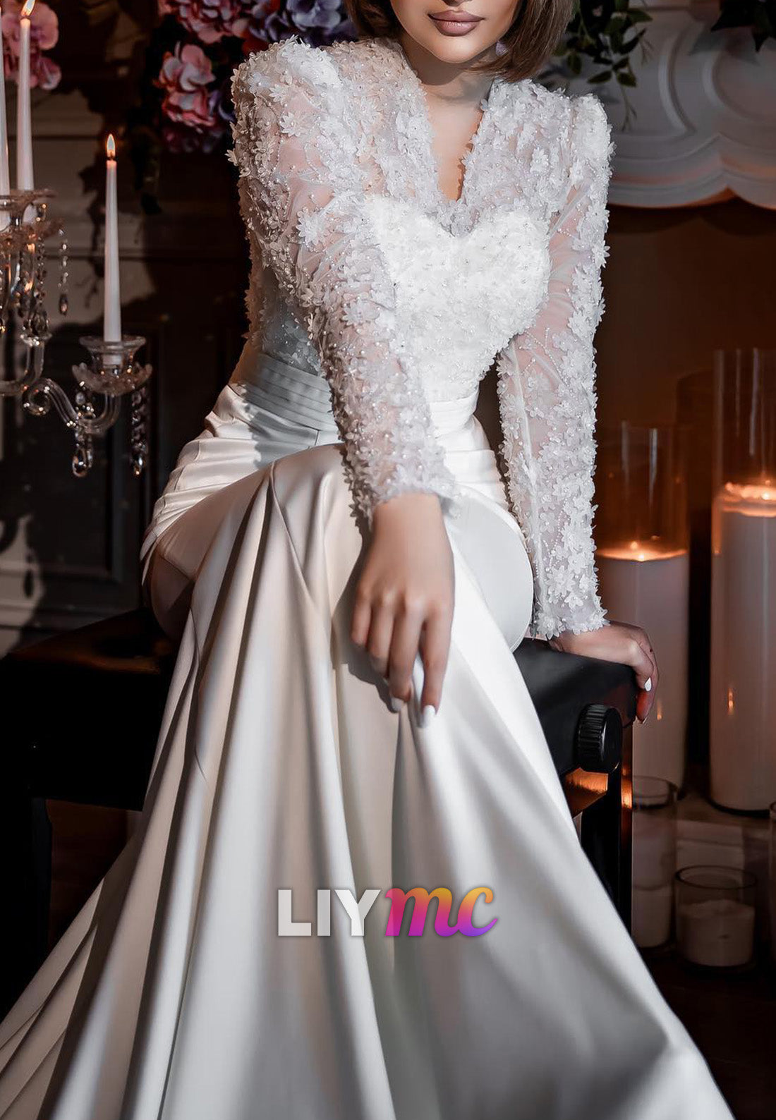 V-Neck Long Sleeves Floral Appliques Mermaid Wedding Dress