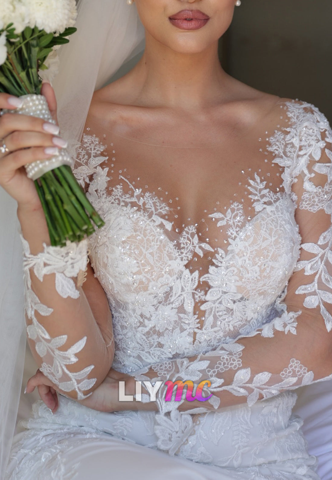 V-Neck Long Sleeves Floral Appliques Mermaid Wedding Dress