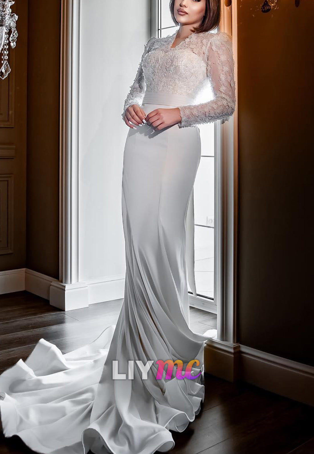 V-Neck Long Sleeves Floral Appliques Mermaid Wedding Dress