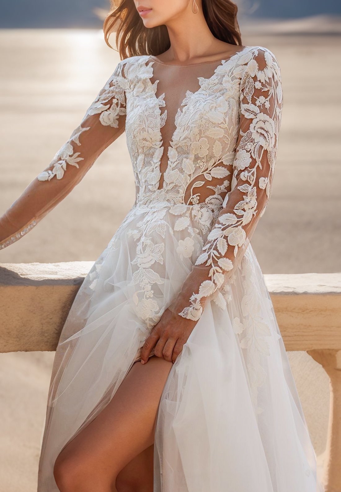 V-Neck Long Sleeves Floral Appliques Tulle A-Line Wedding Dress