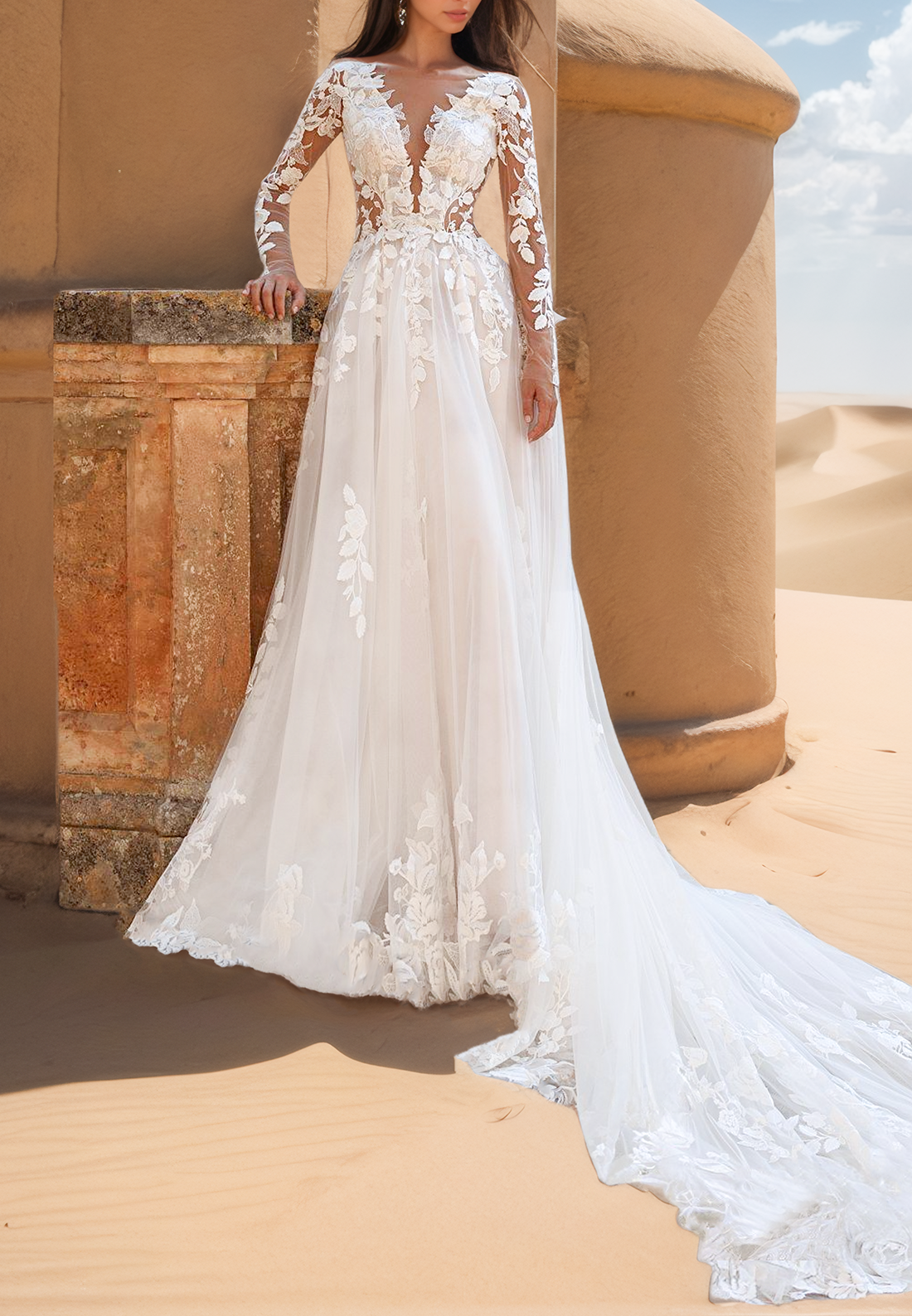 V-Neck Long Sleeves Floral Appliques Tulle A-Line Wedding Dress