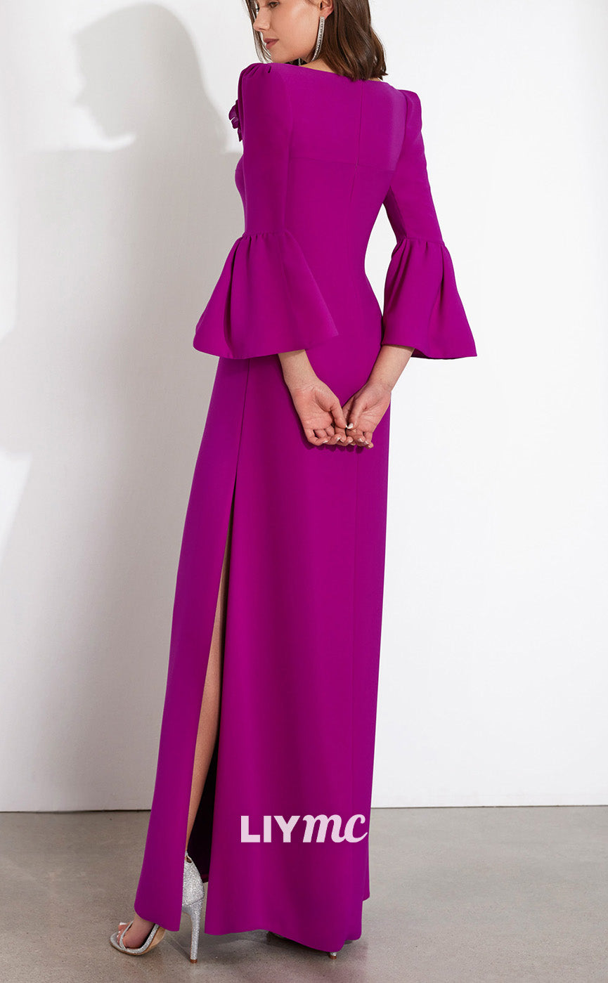M1271 - V-Neck Long Sleeves Floral Embellished Sleek Satin Mother of Bride Dress Cocktail Dress