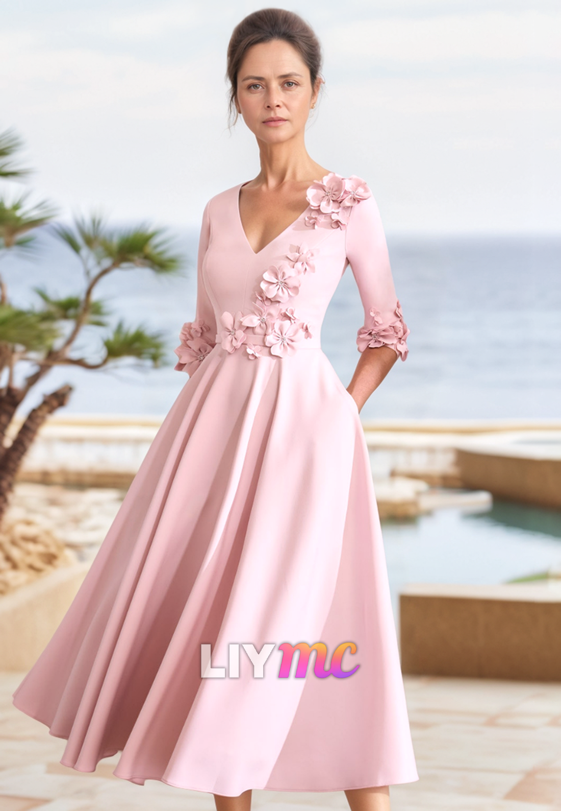 V-Neck Long Sleeves Floral Pleated A-Line Mother of Bride Dress