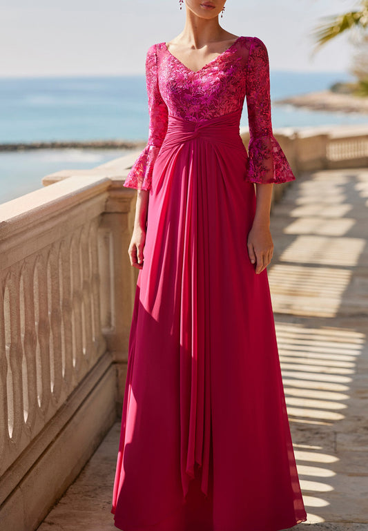 V-Neck Long Sleeves Floral Pleated A-Line Mother of Bride Dress