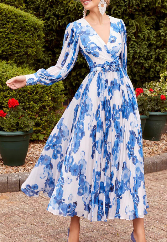 V-Neck Long Sleeves Floral Printed A-Line Mother of Bride Dress