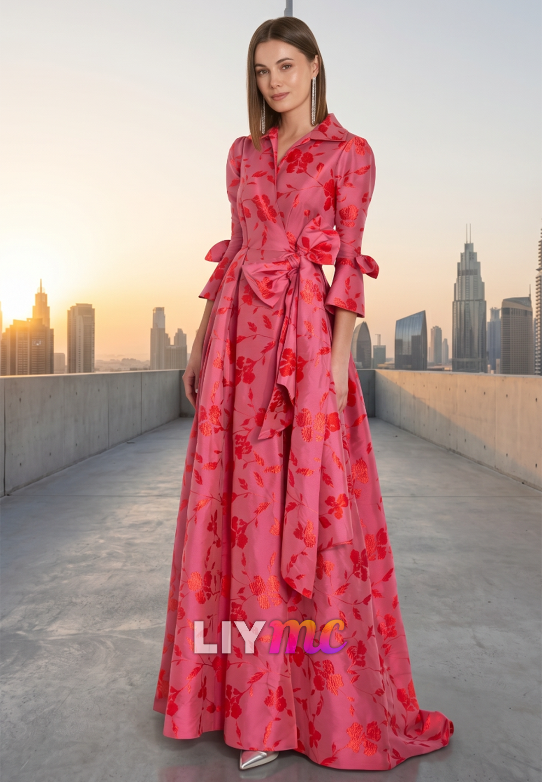 V-Neck Long Sleeves Floral Printed A-Line Mother of Bride Dress