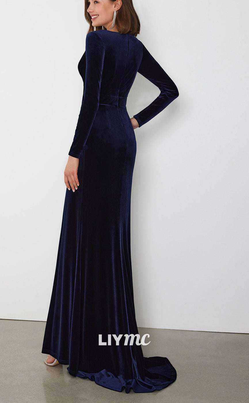 M1272 - V-Neck Long Sleeves High Slit Sleek Satin Mother of Bride Dress Cocktail Dress