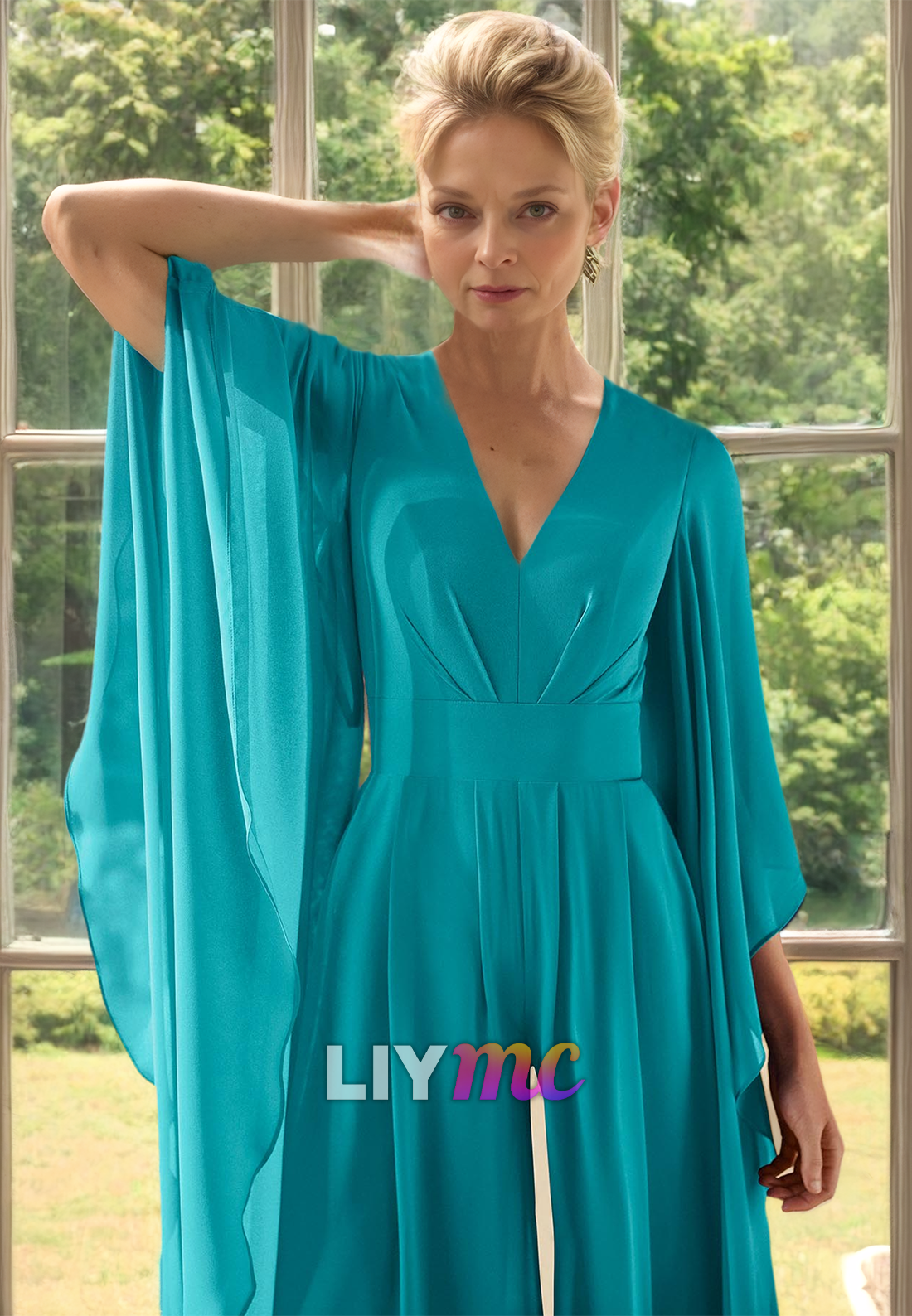 V-Neck Long Sleeves Jumpsuit Mother of Bride Dress