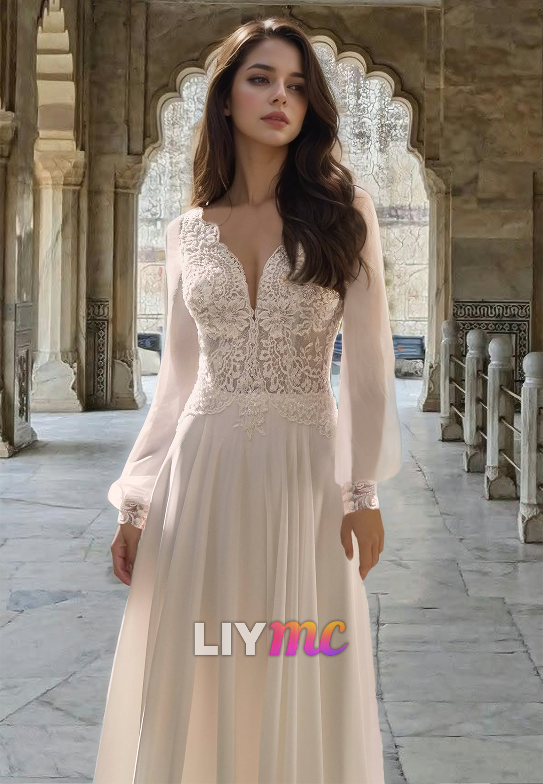 V-Neck Long Sleeves Lace Appliquees Chiffon A-Line Boho Wedding Dress