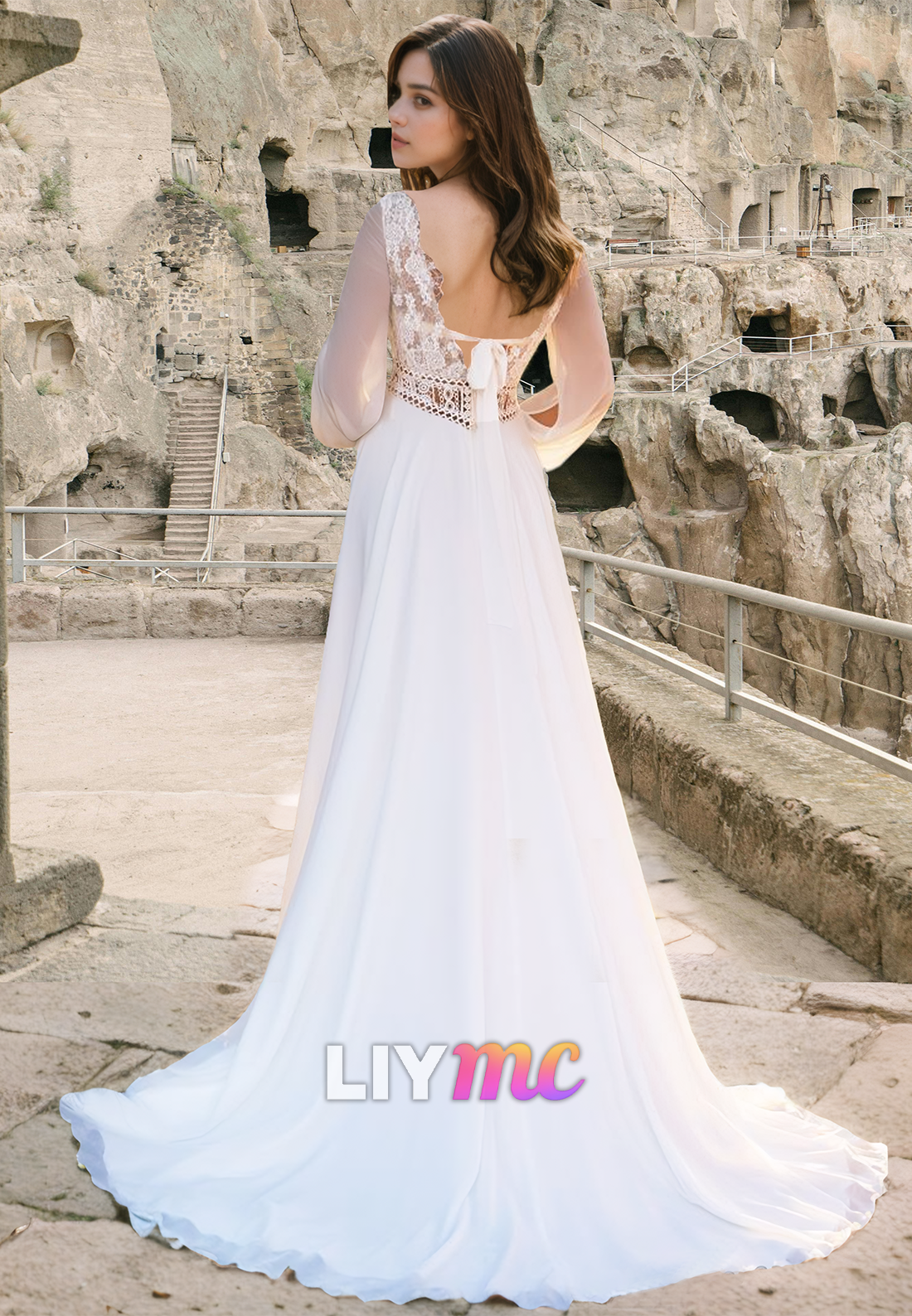 V-Neck Long Sleeves Lace Appliques A-Line Boho Wedding Dress