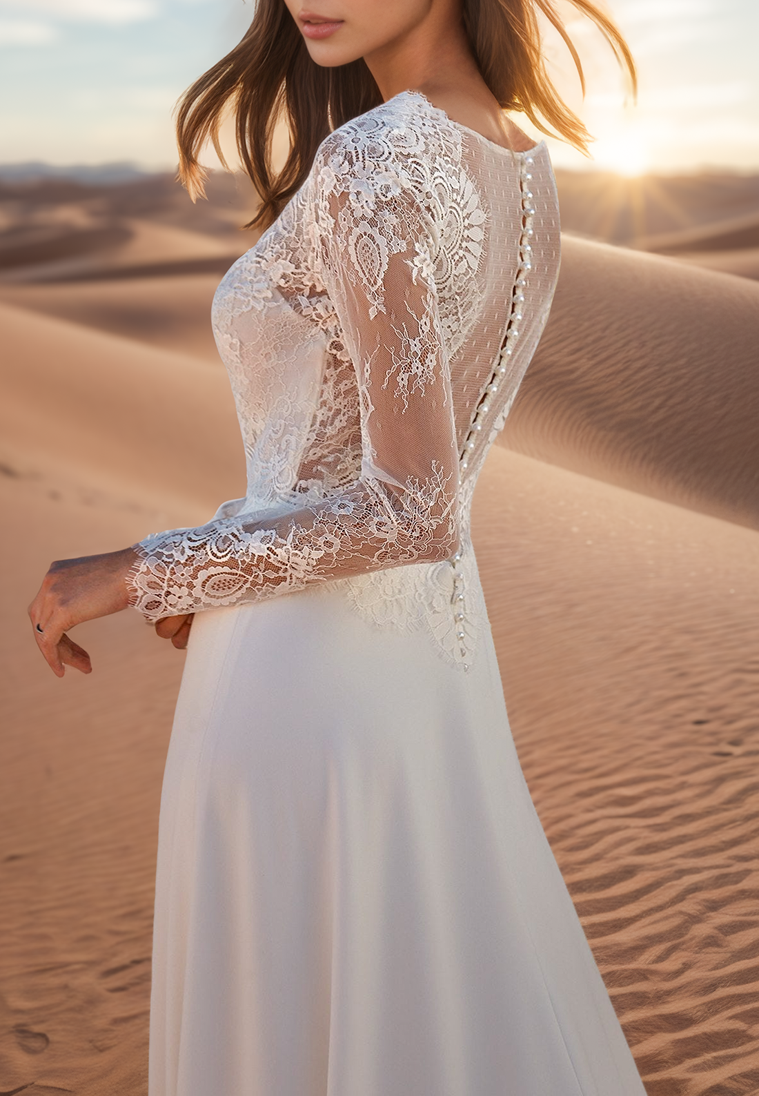 V-Neck Long Sleeves Lace Appliques A-Line Boho Wedding Dress