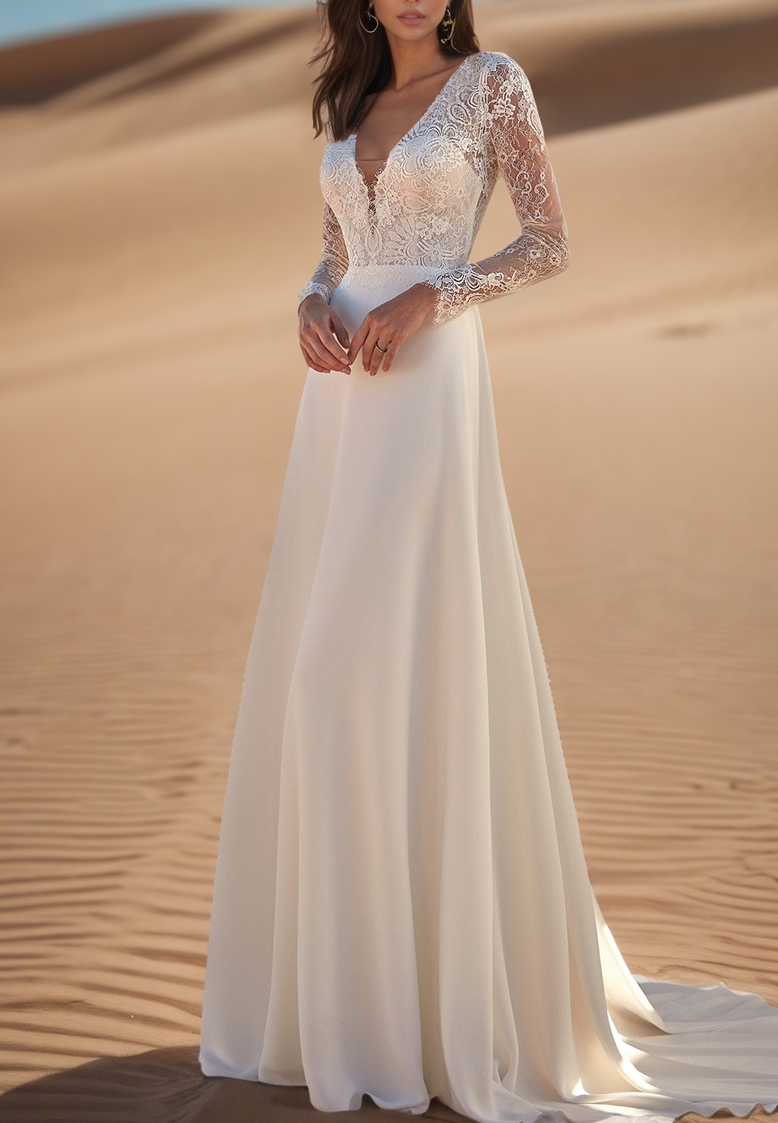 V-Neck Long Sleeves Lace Appliques A-Line Boho Wedding Dress