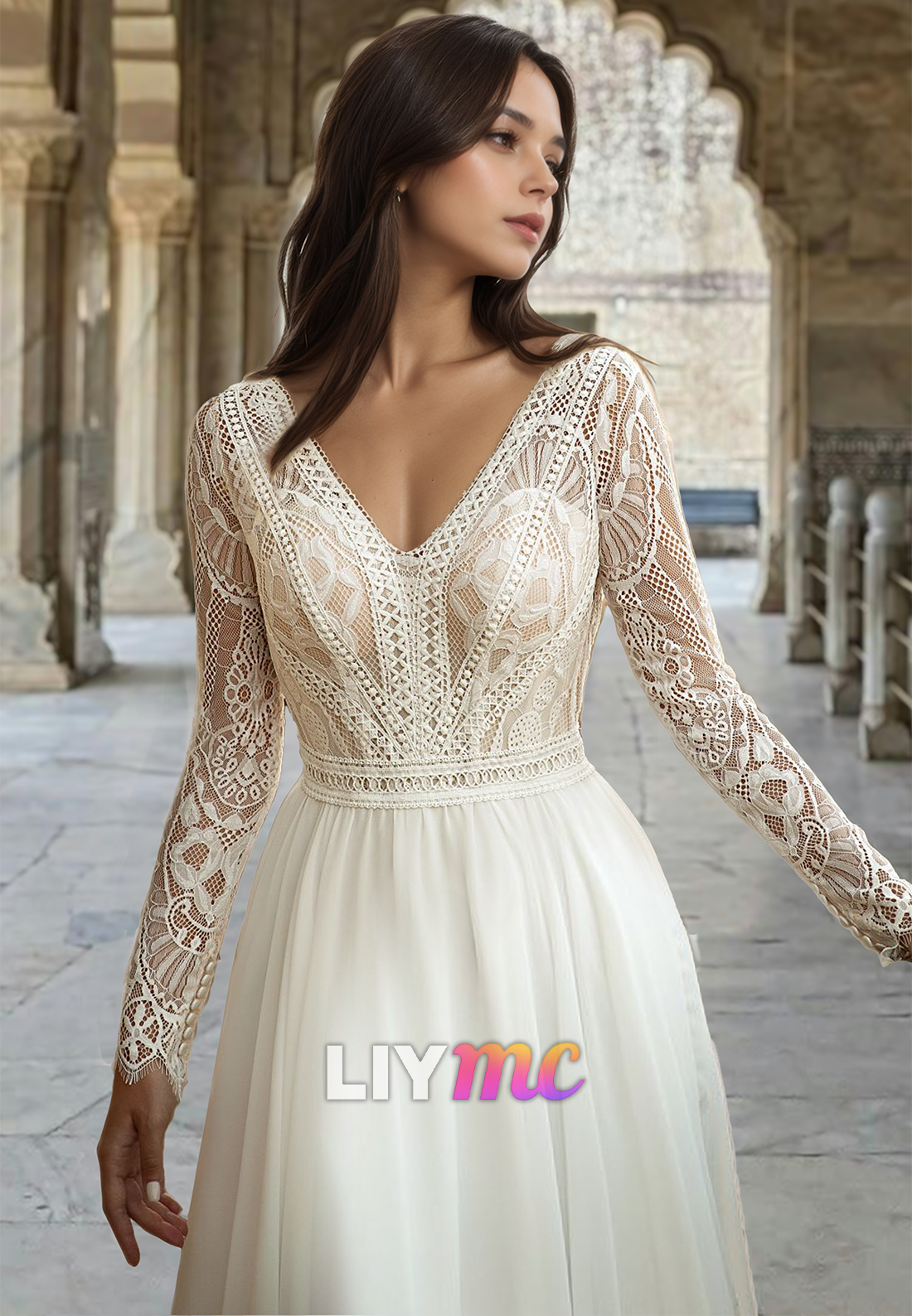 V-Neck Long Sleeves Lace Appliques A-Line Boho Wedding Dress