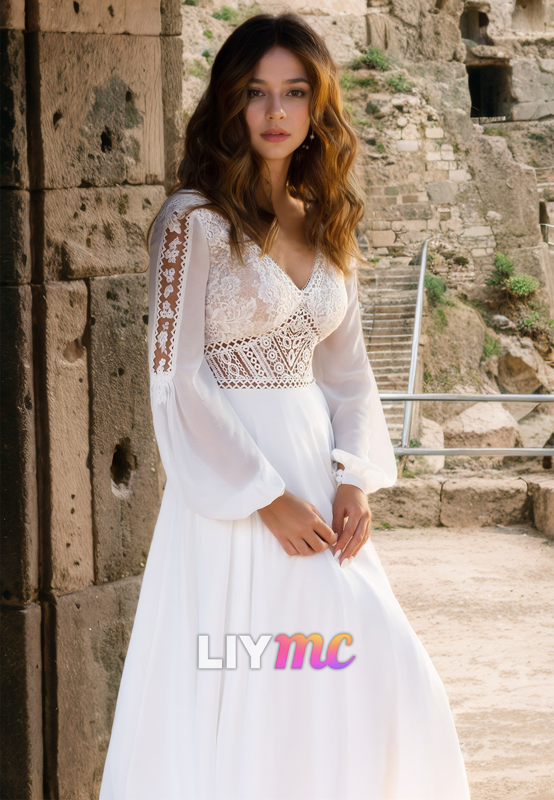 V-Neck Long Sleeves Lace Appliques A-Line Boho Wedding Dress