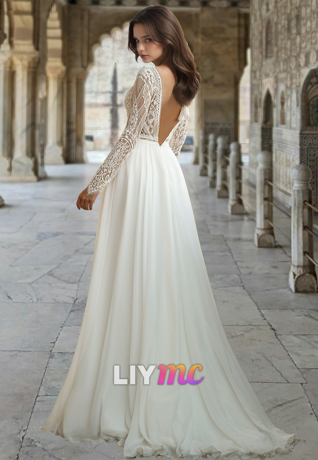 V-Neck Long Sleeves Lace Appliques A-Line Boho Wedding Dress