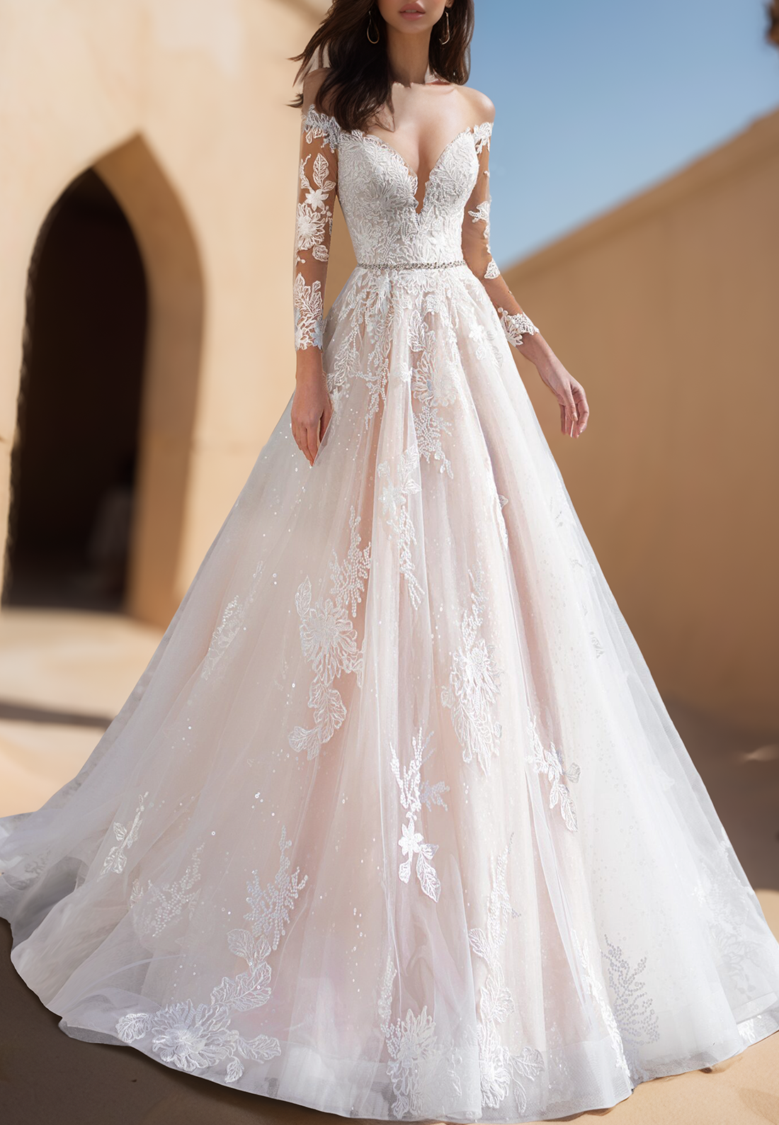 V-Neck Long Sleeves Lace Appliques Ball Gown Wedding Dress
