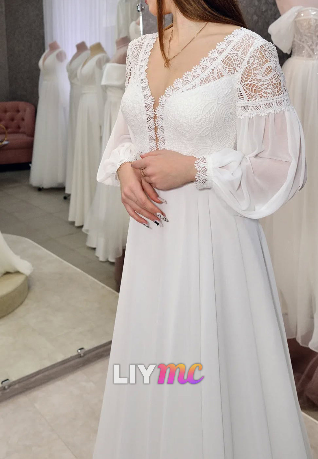 V-Neck Long Sleeves Lace Appliques Chiffon A-Line Wedding Dress