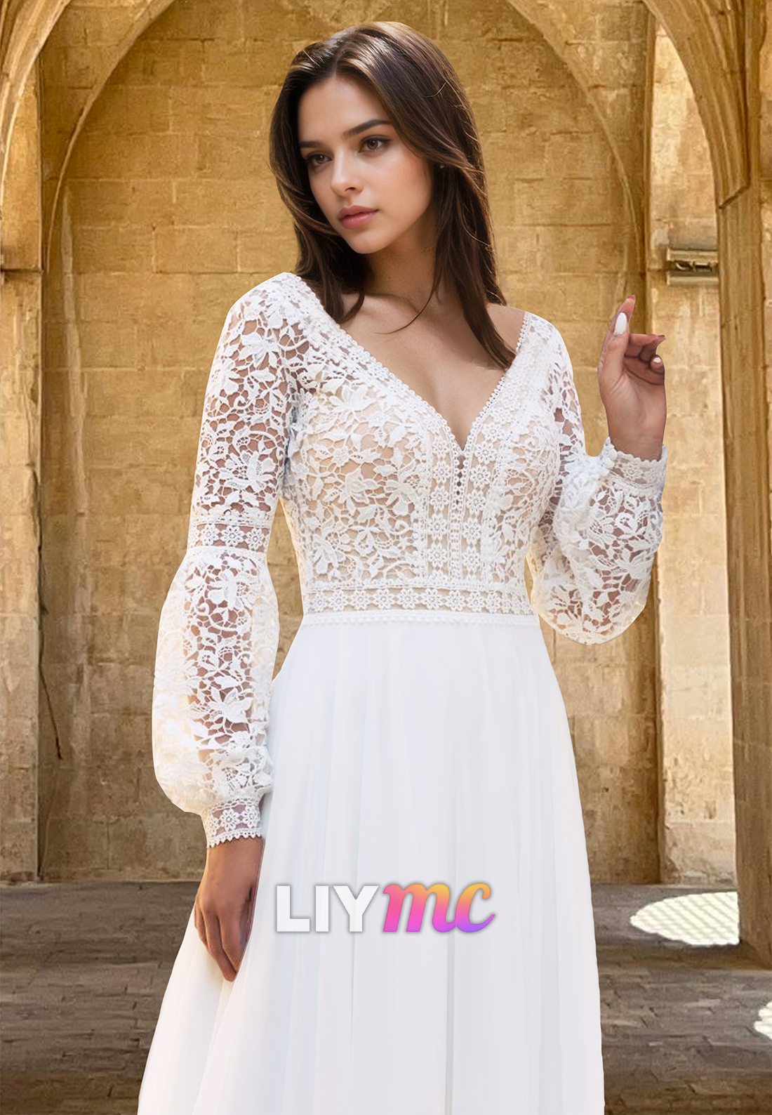 V-Neck Long Sleeves Lace Appliques Chiffon A-Line Wedding Dress
