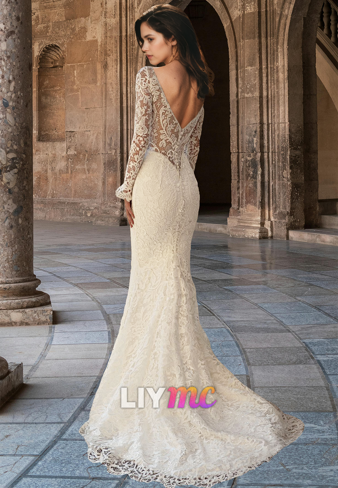 V-Neck Long Sleeves Lace Appliques Mermaid Wedding Dress
