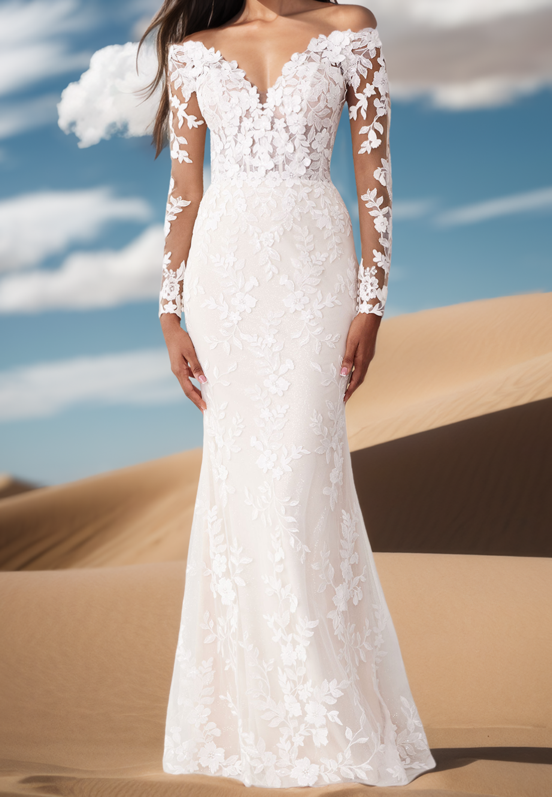 V-Neck Long Sleeves Lace Appliques Mermaid Wedding Dress