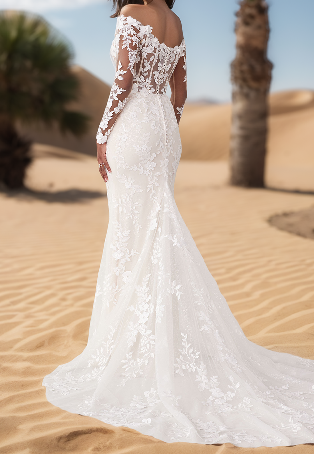 V-Neck Long Sleeves Lace Appliques Mermaid Wedding Dress