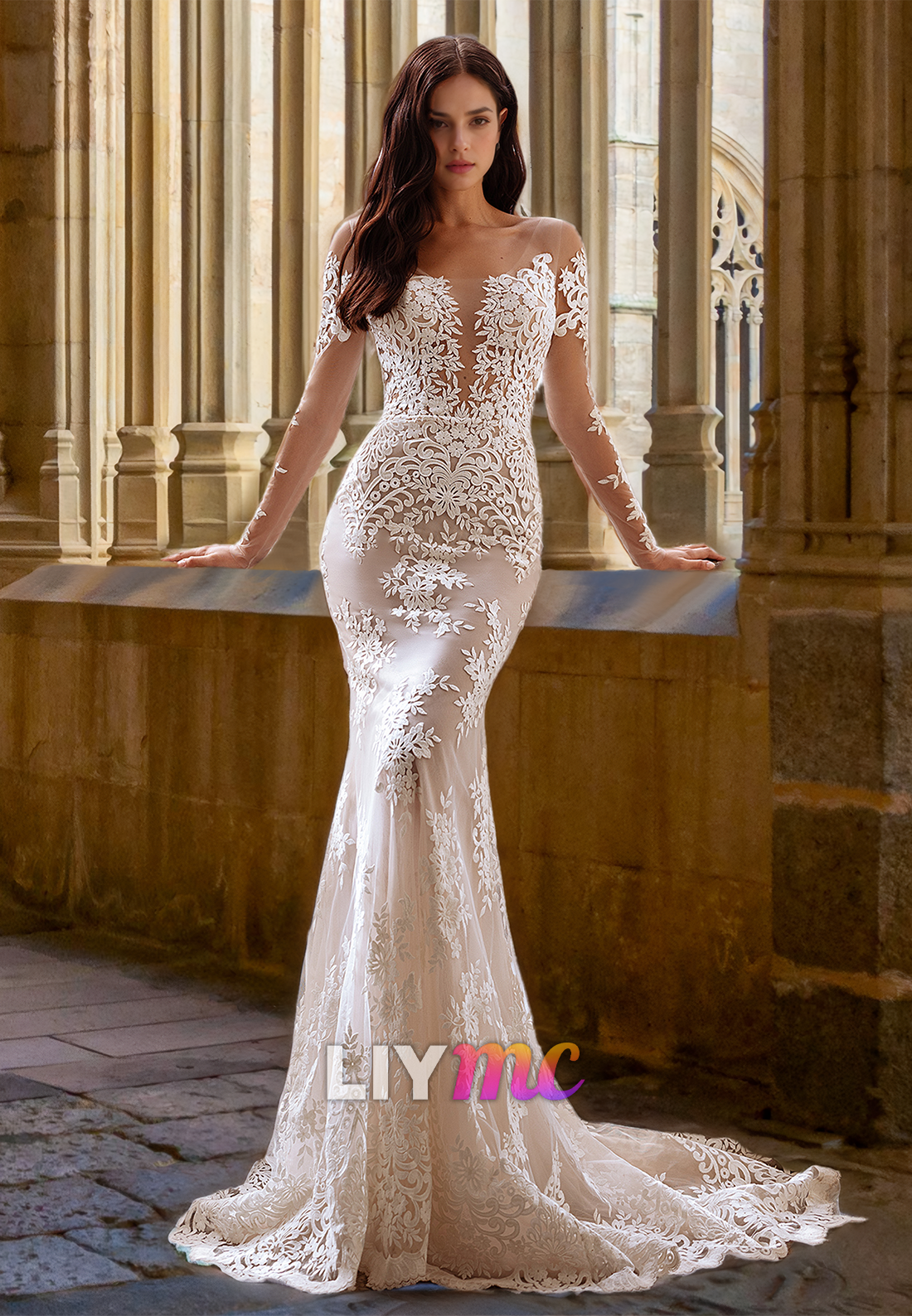 V-Neck Long Sleeves Lace Appliques Mermaid Wedding Dress